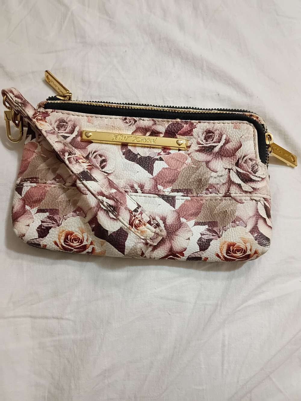 Betsey Johnson Floral Mini Wristlet in Blush Pink and Cream with Gold Hardware